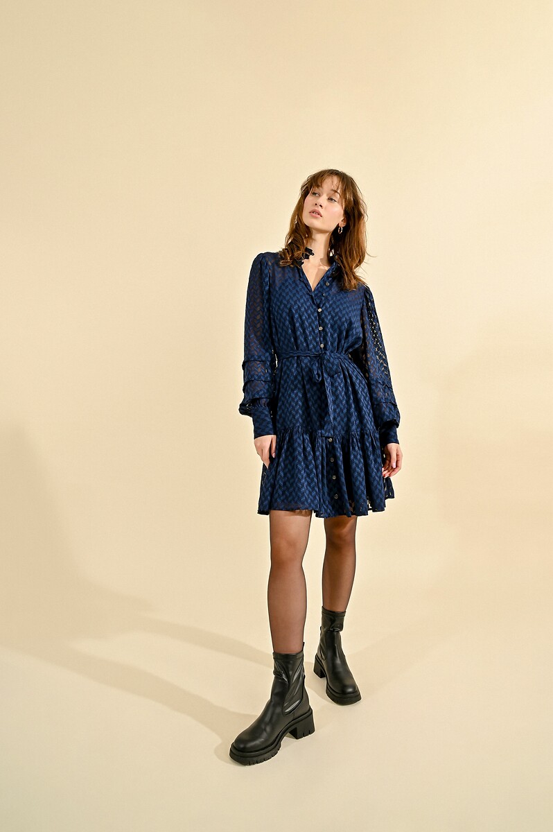 Buttoned Mini Dress with Tie-Waist and High Neck, MOLLY BRACKEN