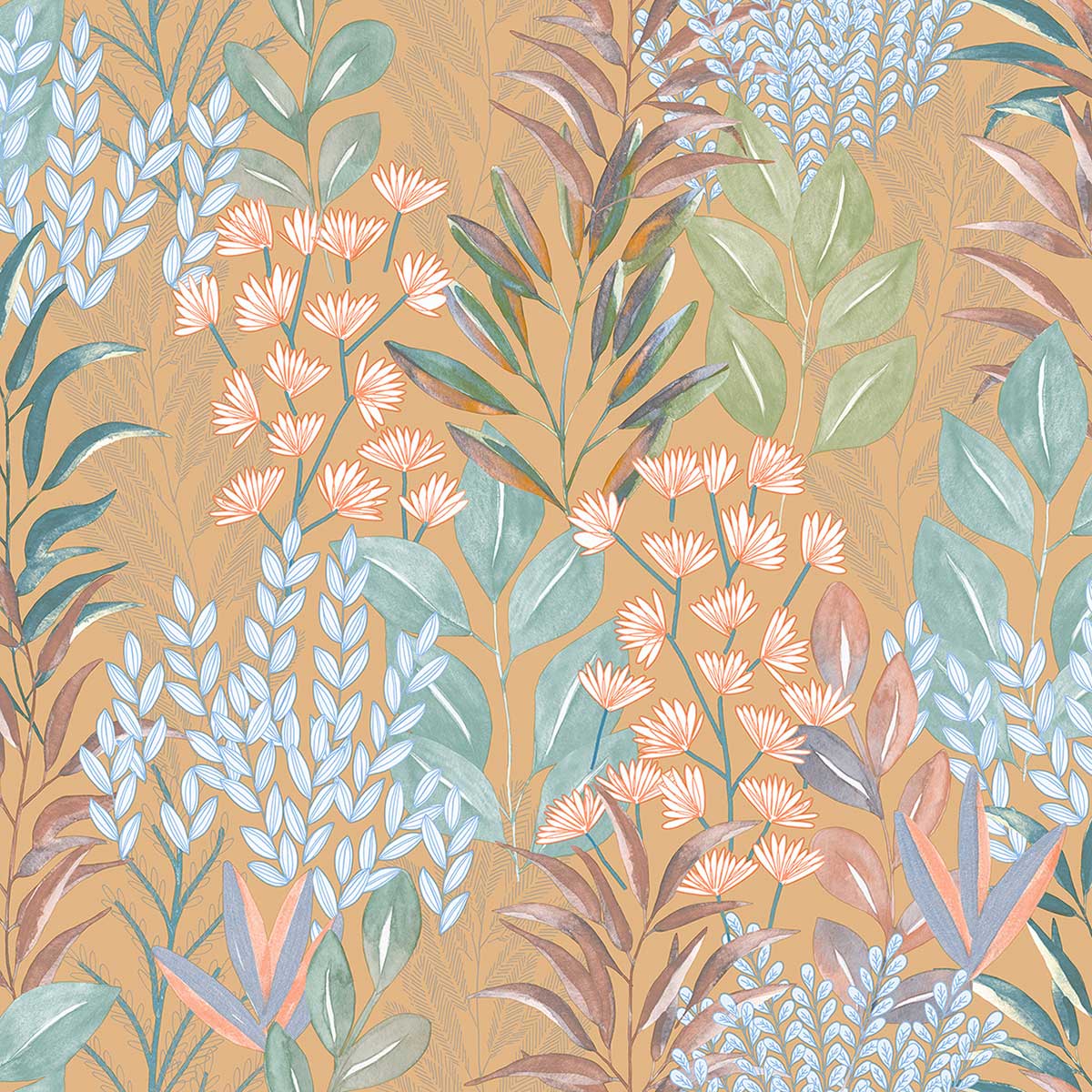 Papier peint feuillage aquarelle fond ocre, HEXOA