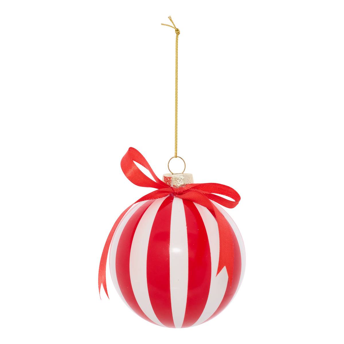 Boule de Noël motif nœud en verre rayée rouge et blanc D. 80 mm, FEERIC LIGHTS & CHRISTMAS