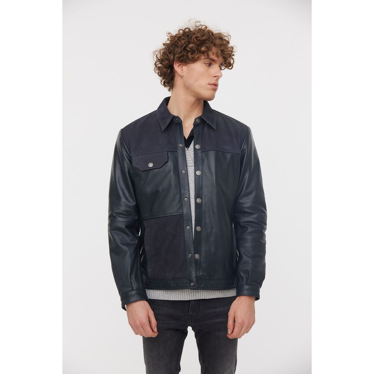 Blouson cuir best sale homme bleu marine