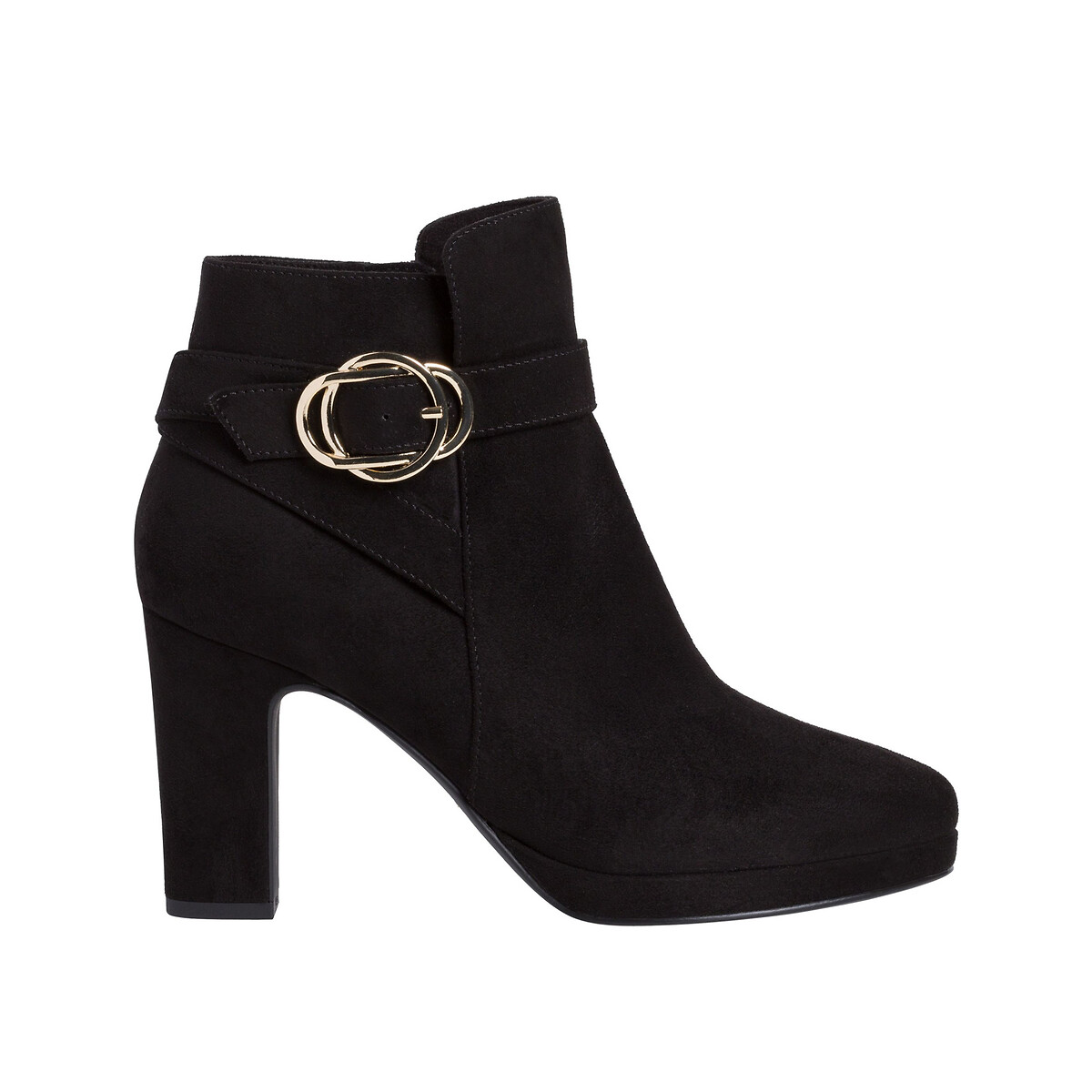 black heeled ankle boots with buckle