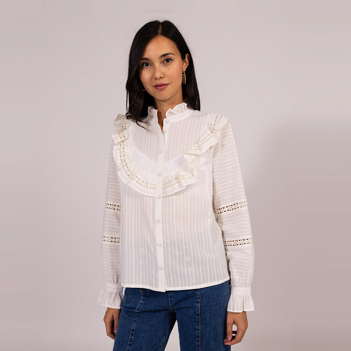 Striped Ruffle Neck Blouse in Cotton