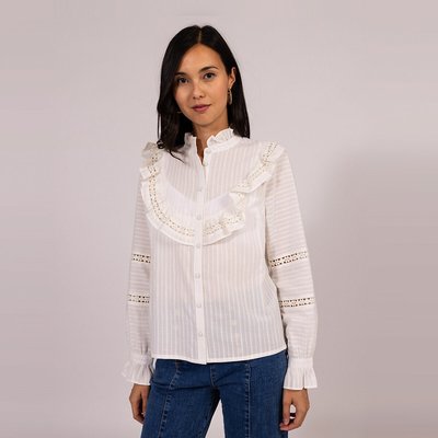 Striped Ruffle Neck Blouse in Cotton NAF NAF