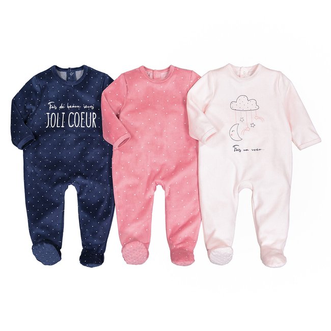 Pack of 3 Velour Sleepsuits in Cotton Mix, Birth-3 Years, pink + navy, LA REDOUTE COLLECTIONS