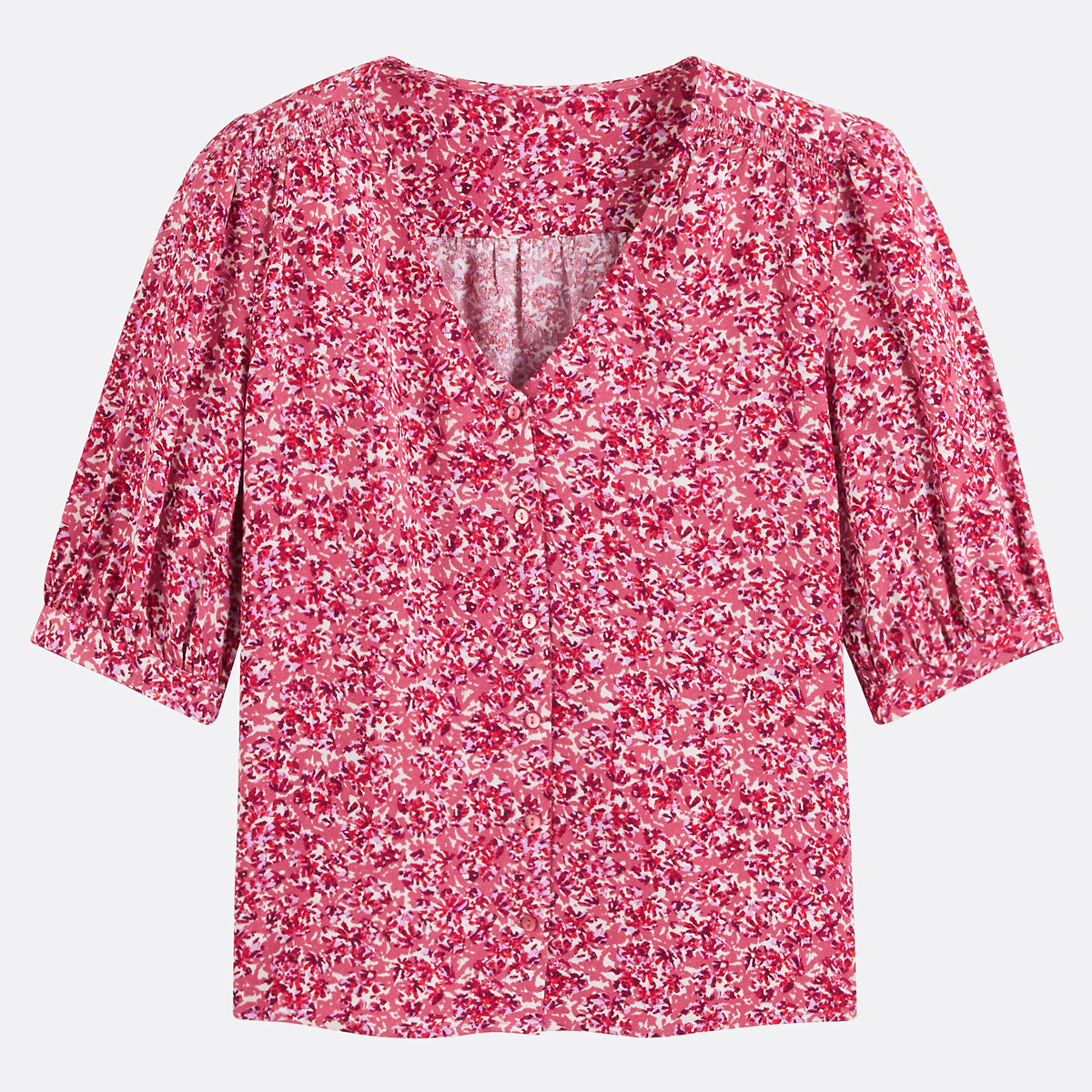 Floral V-Neck Blouse with Elbow-Length Sleeves, LA REDOUTE COLLECTIONS