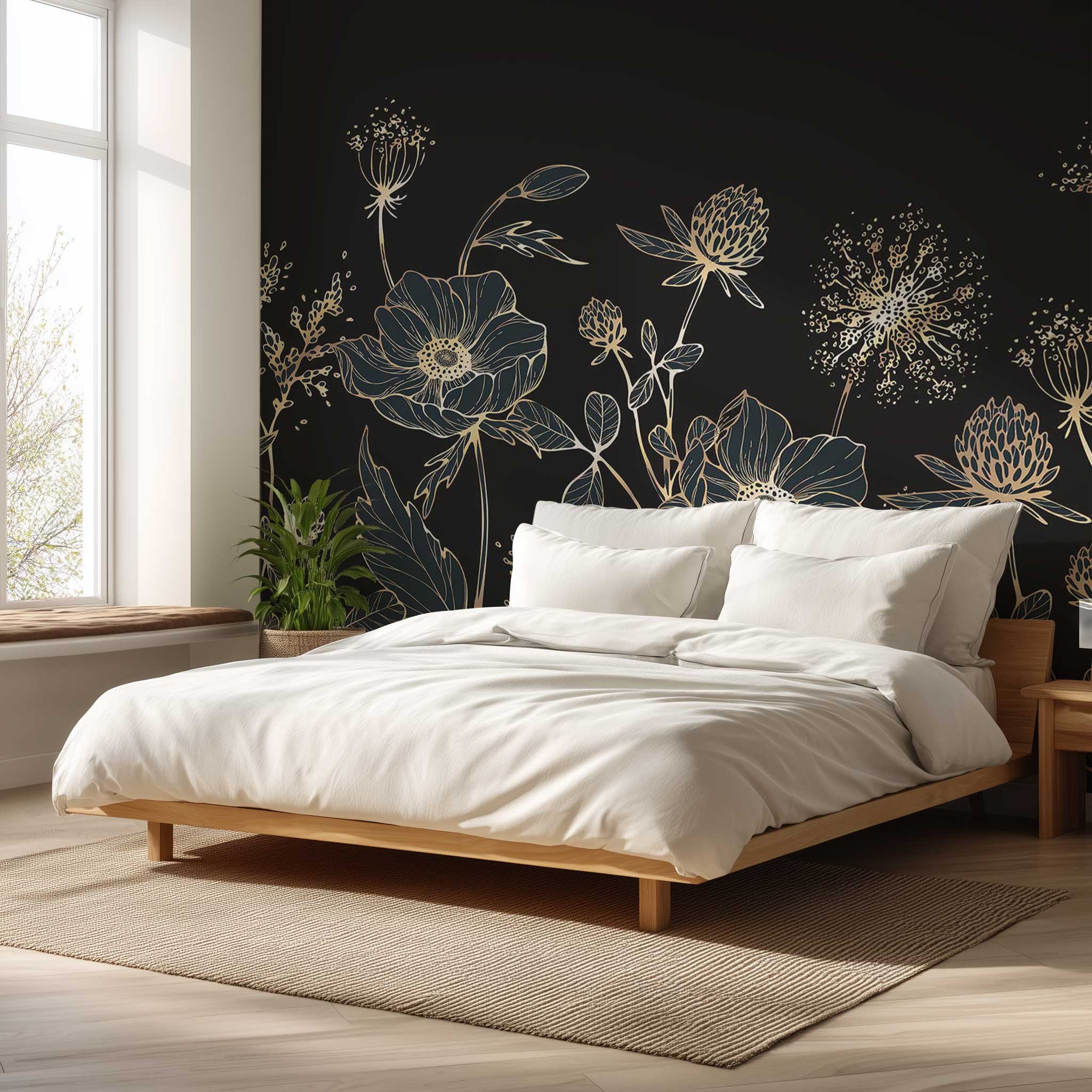 Papier peint fleurs sauvages dorées fond bleu nuit élégant, HEXOA