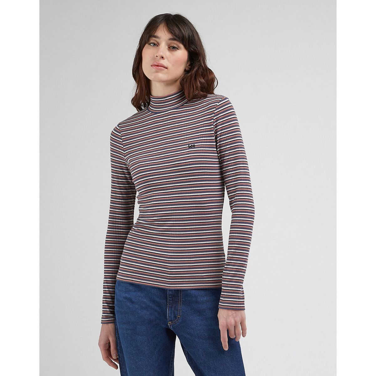 Striped Mock Neck T-Shirt in Cotton