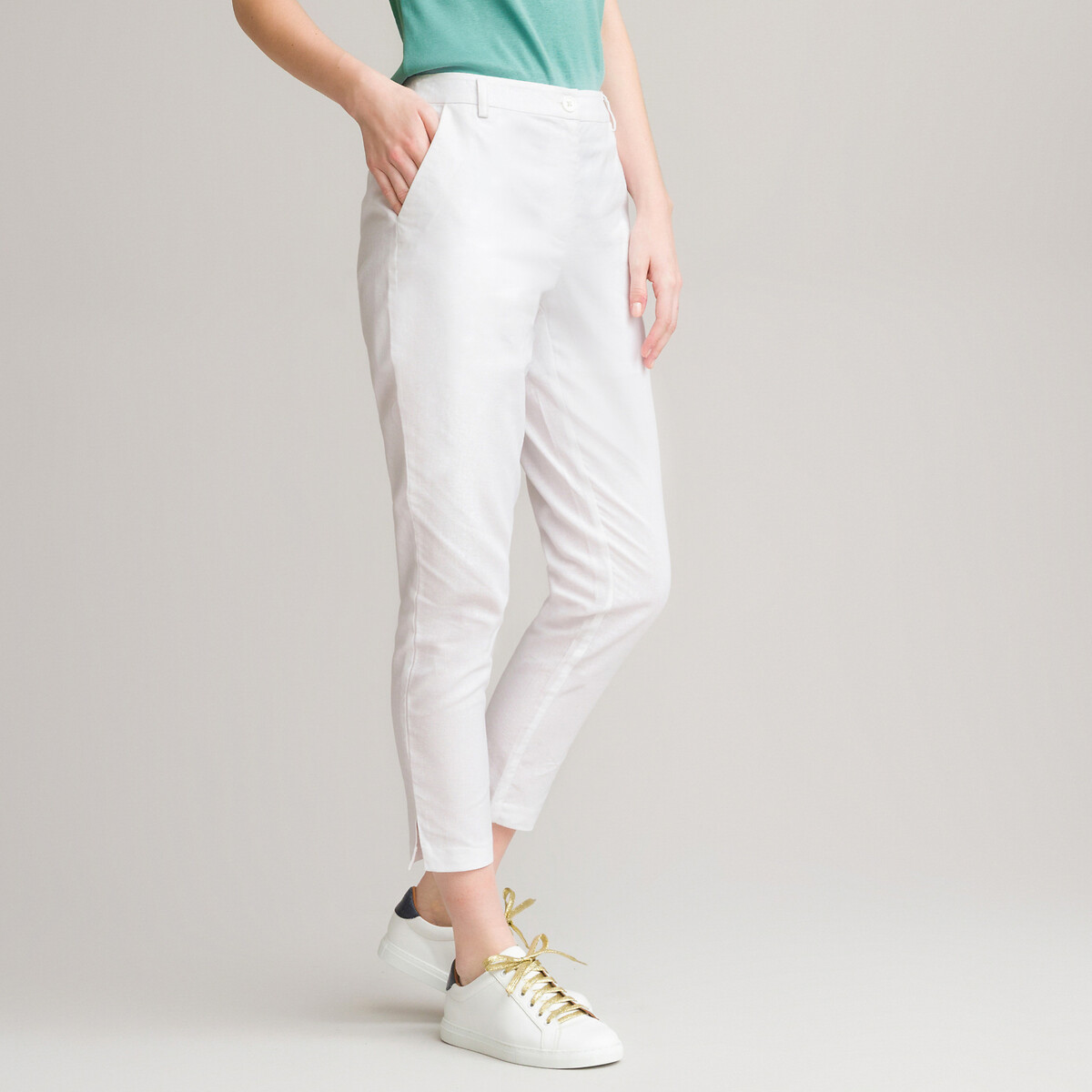 Ankle grazer trousers in chevron print with elasticated waist, length  26.5, grey herringbone, Anne Weyburn