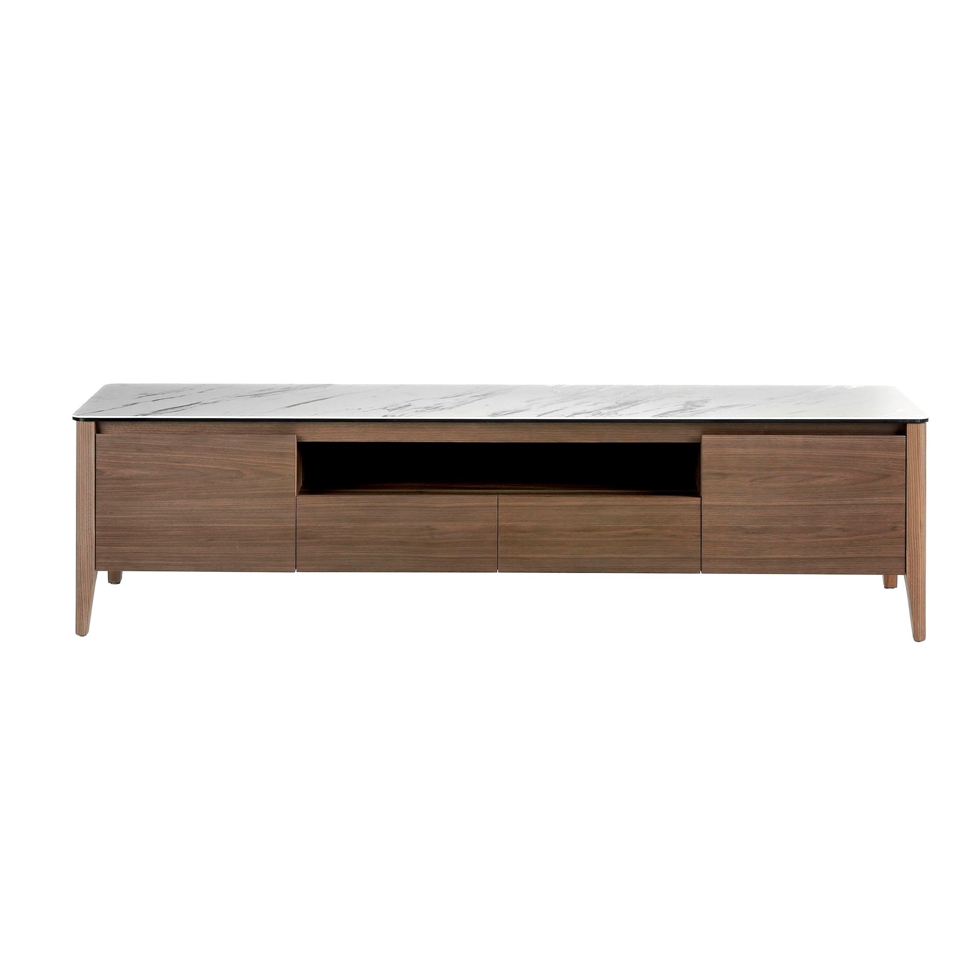 Meuble TV en noyer avec plateau en verre imitation marbre, ANGEL CERDA