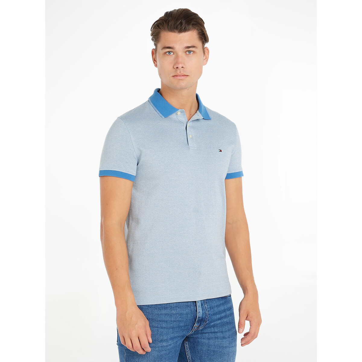 Embroidered Logo Polo Shirt in Cotton and Stranded Knit with Short Sleeves