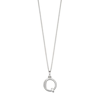 Sterling Silver Art Deco Initial 'Q' Pendant with Cubic Zirconia Stone Detail BEGINNINGS