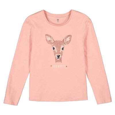 Deer Print Cotton T-Shirt with Long Sleeves LA REDOUTE COLLECTIONS