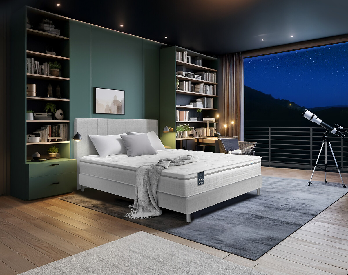 Ensemble matelas 630 ressorts, 5 zones et sommier tapissier, pieds, STAR, DUNLOPILLO