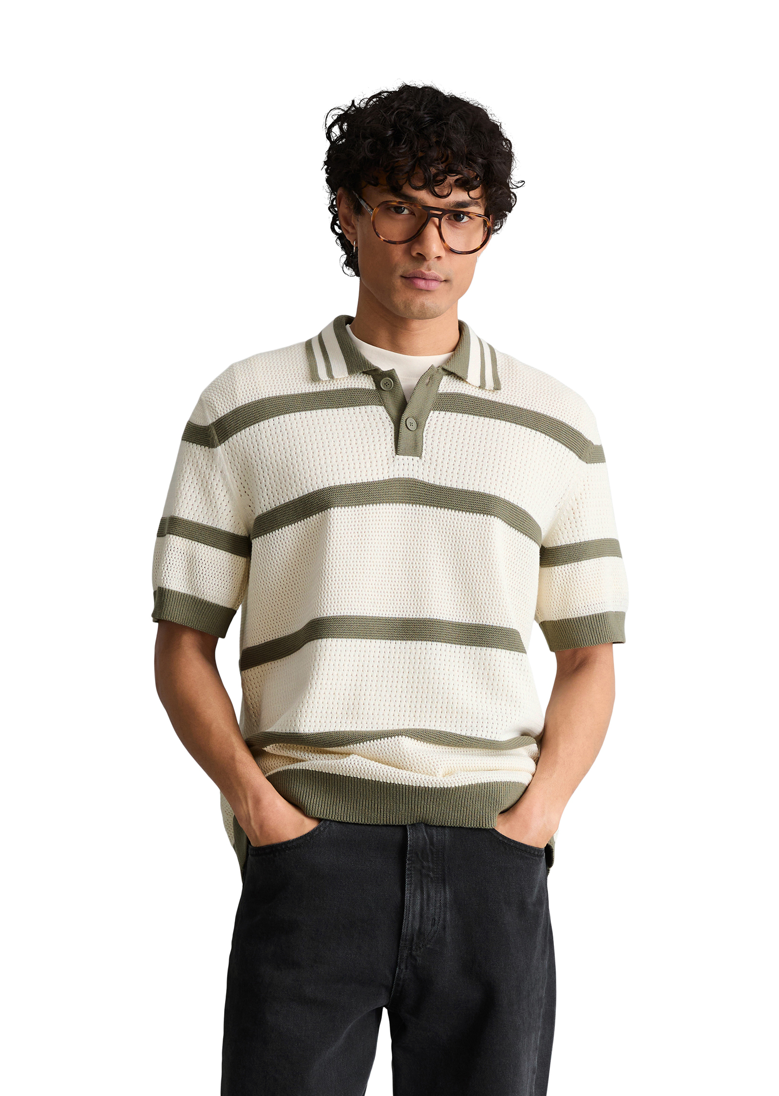 Polo en tricot régulier avec des variations de tricot et des rayures, MARC O’POLO DENIM