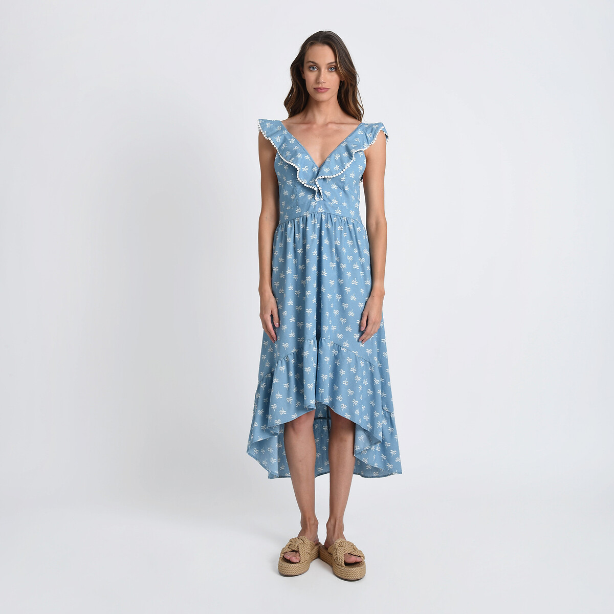 printed cotton mix dress with ruffled neckline