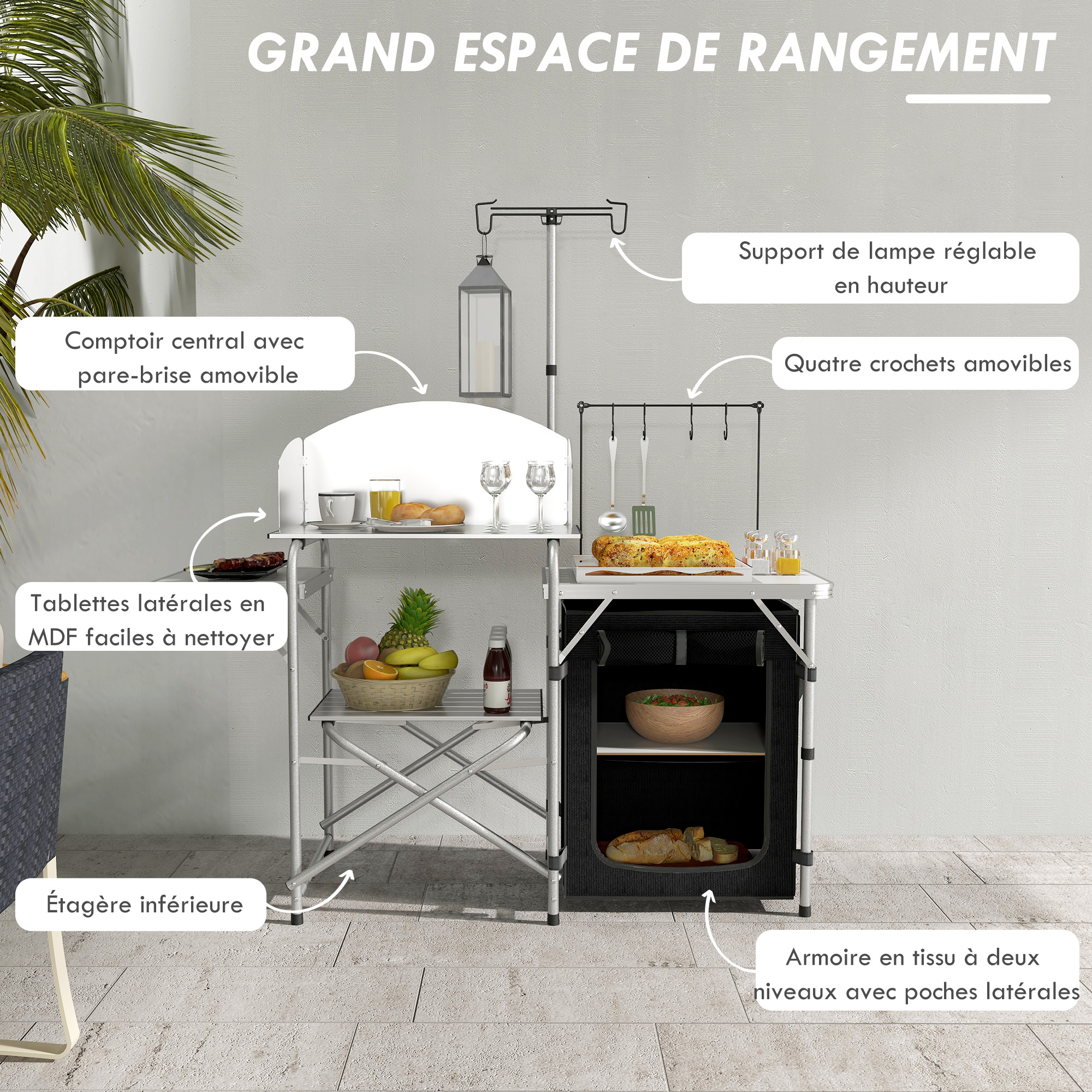 XINZI - Armoire De Cuisine Pliable Camping - Structure Aluminium - Rangement Spacieux - Pour Pique-nique, Barbecue