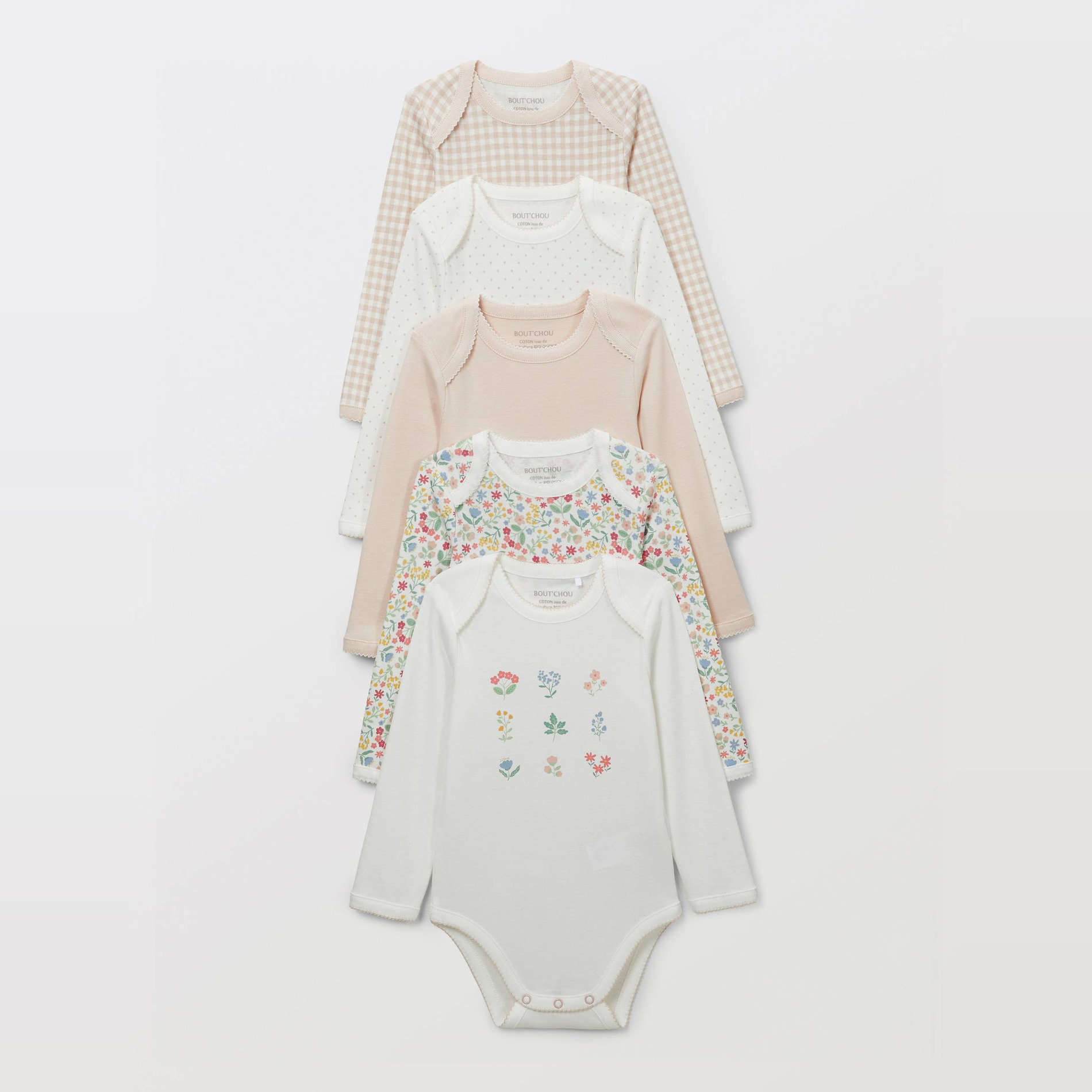 Lot de 5 bodies manches longues imprimé en coton BIO GOTS, BOUT'CHOU