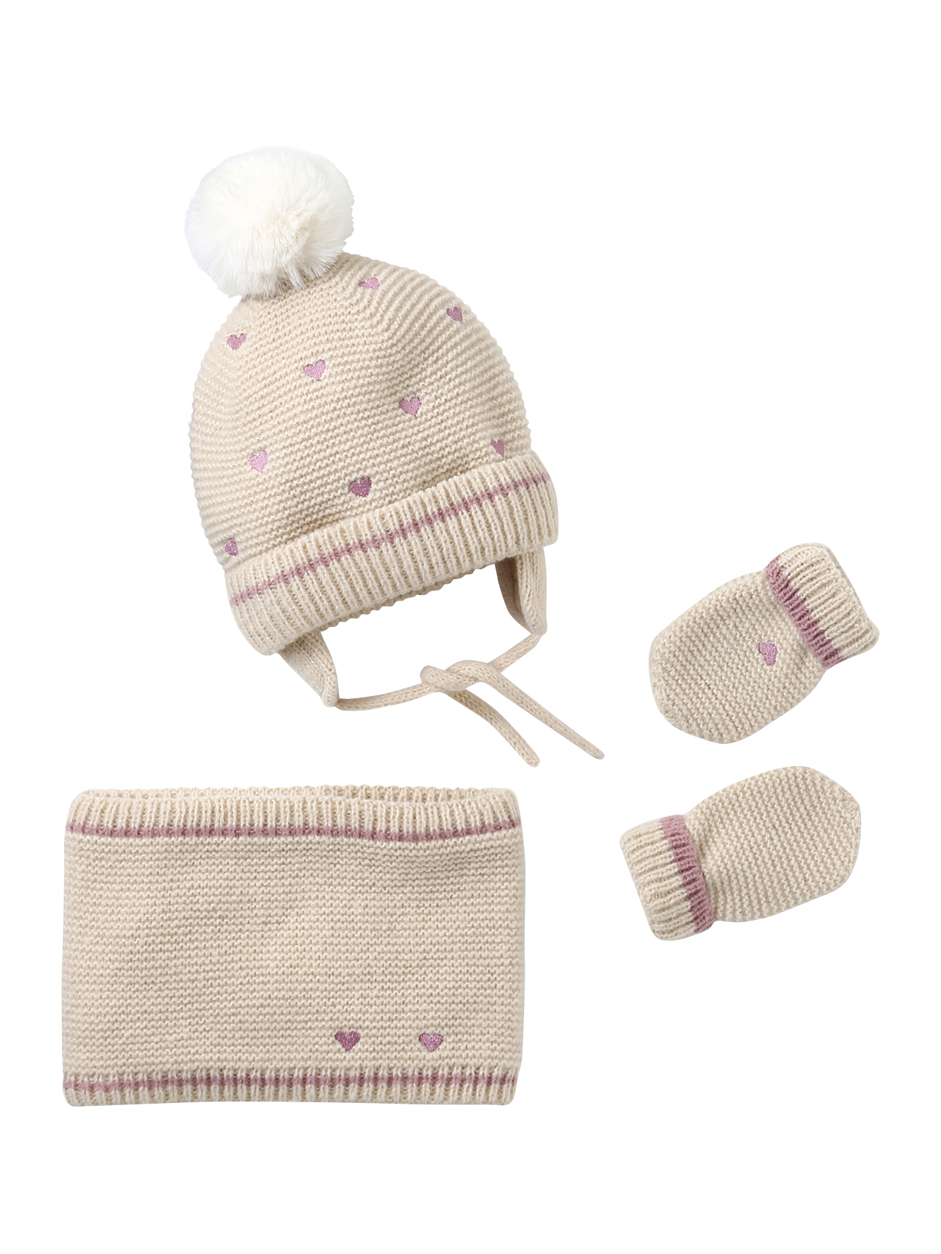 Ensemble bonnet, snood et moufles coeurs, VERTBAUDET