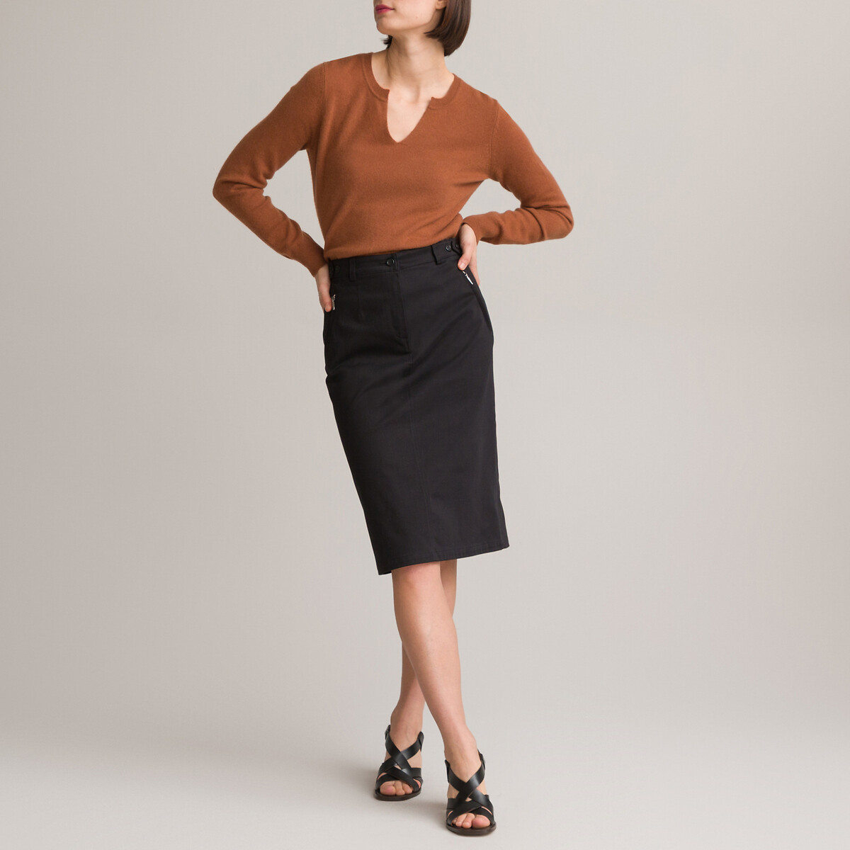 Image of Satin Straight Skirt in Stretch Cotton