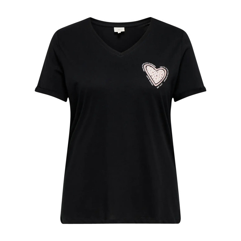 T-shirt en coton biologique vert uni pourvu d'un bisou imprimé sur la poitrine, ONLY CARMAKOMA