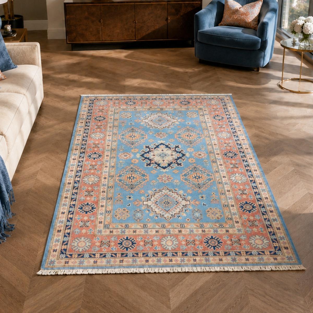 Tapis salon géométrique, artisanal noué main en laine naturelle, UN AMOUR DE TAPIS