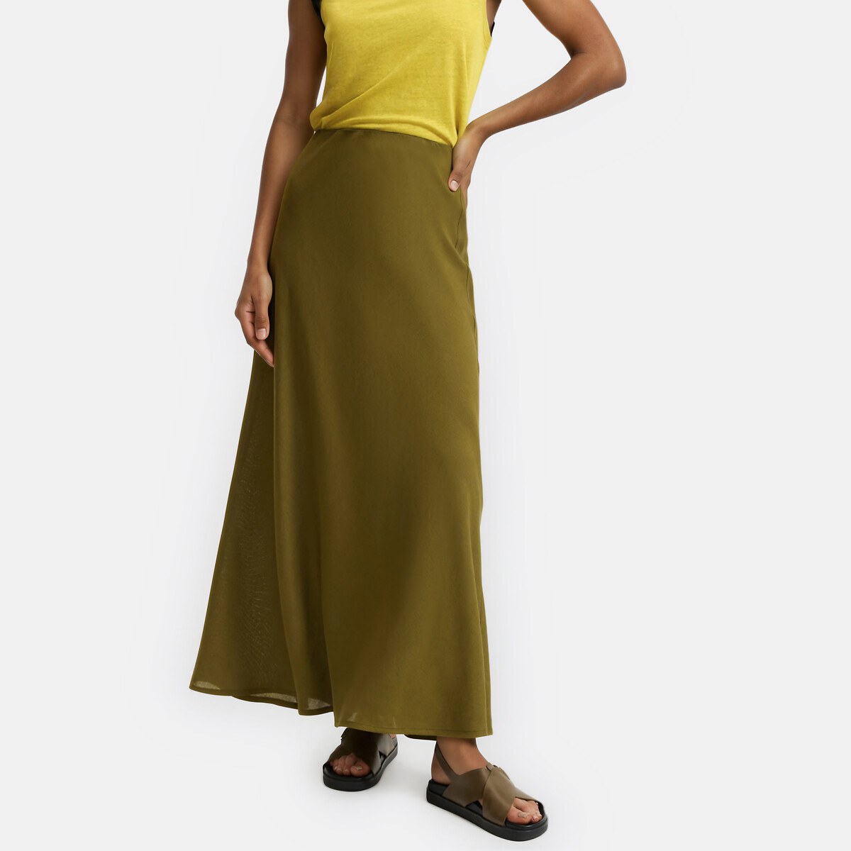 Jupe longue évasée en viscose et lin, LA REDOUTE COLLECTIONS
