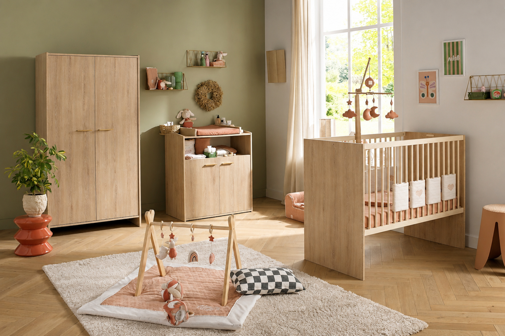Chambre bébé trio: Lit bébé 60x120 évolutif, commode à langer 2 portes et armoire 2 portes décor bois hêtre, SAUTHON