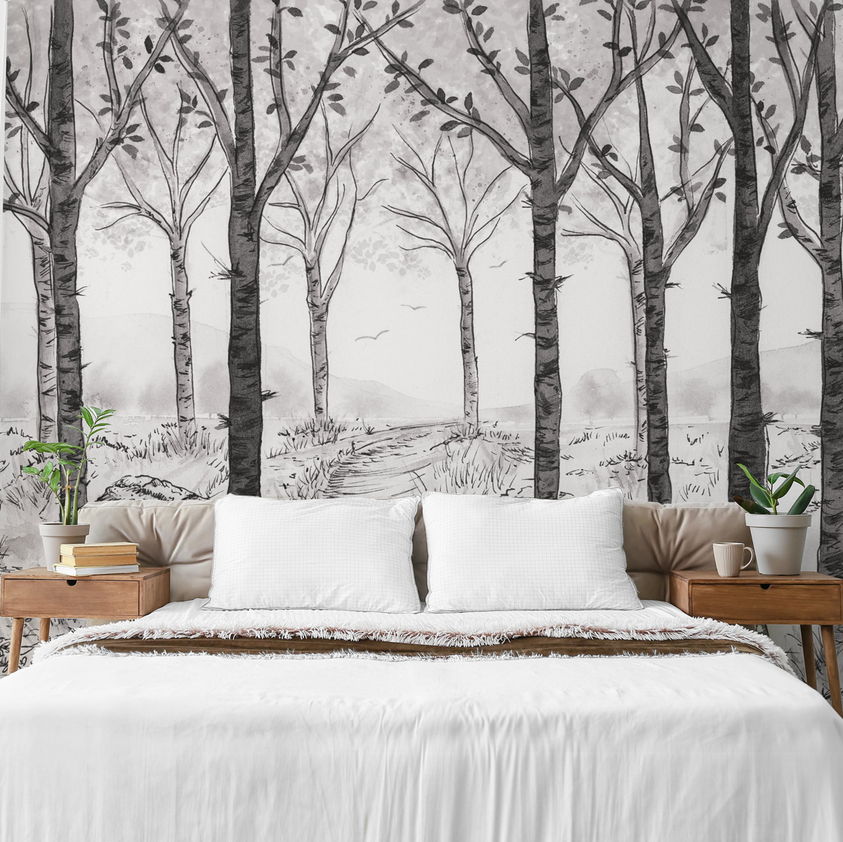 Papier peint panoramique Paysage forêt de bouleau, Gris 525 x 250cm, ACTE DECO