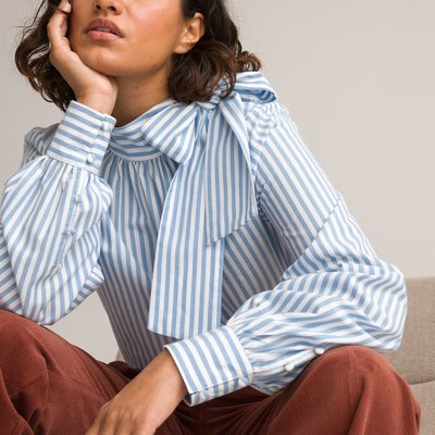 Striped Cotton Blouse with Pussy Bow and Long Sleeves LA REDOUTE COLLECTIONS