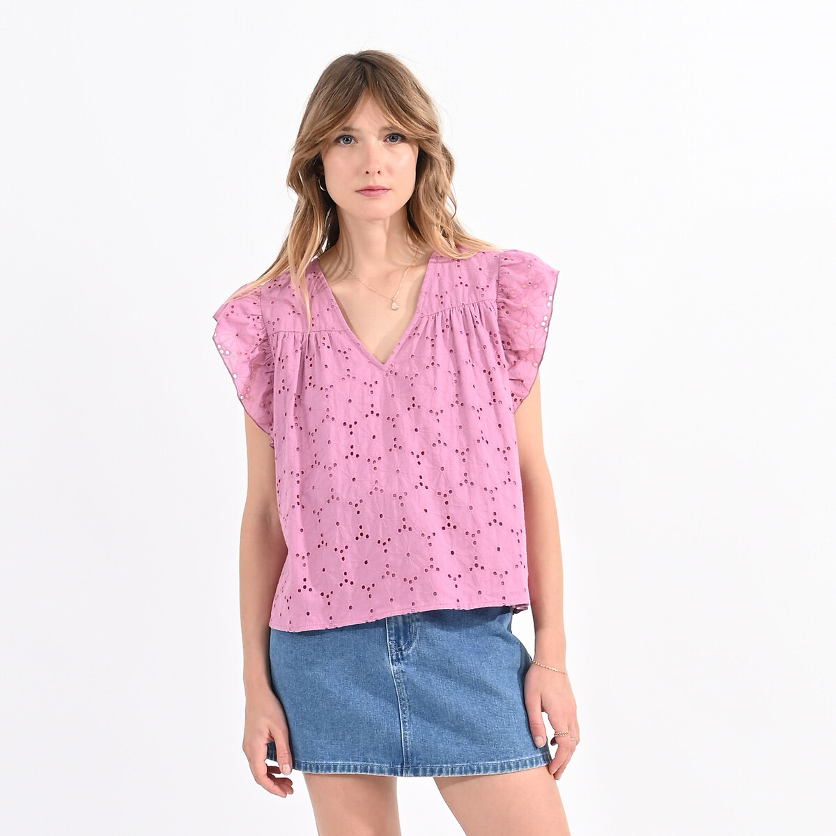 Cotton Embroidered Blouse with Ruffled Sleeves and V-Neck