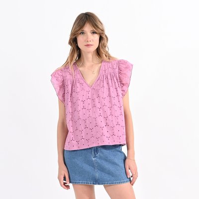 Cotton Embroidered Blouse with Ruffled Sleeves and V-Neck MOLLY BRACKEN