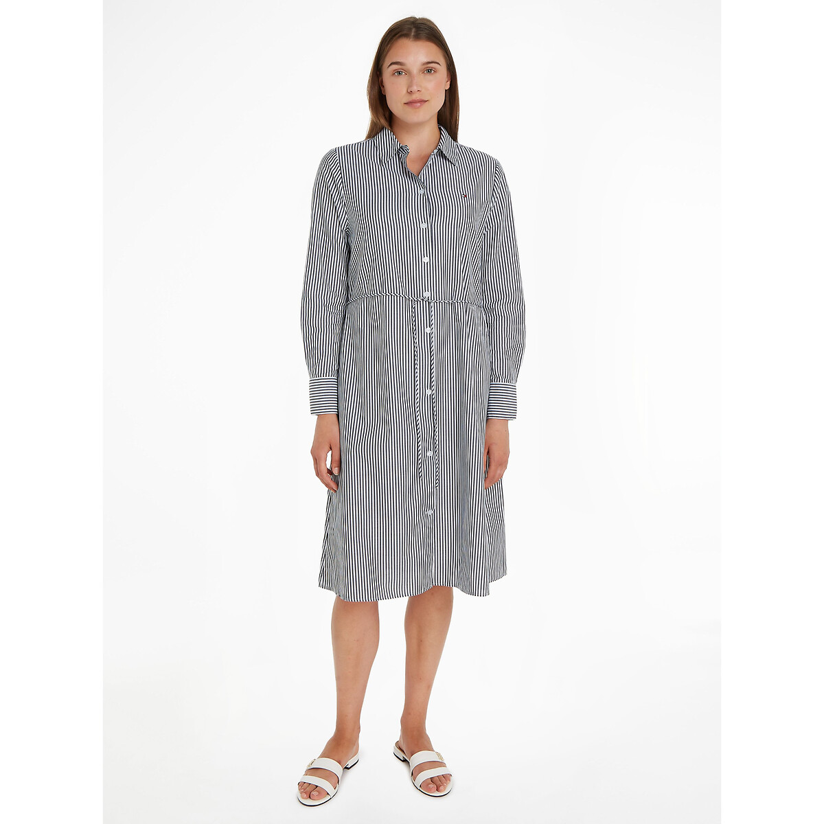 Image of Striped Midi Shirt Dress with Long Sleeves in Cotton