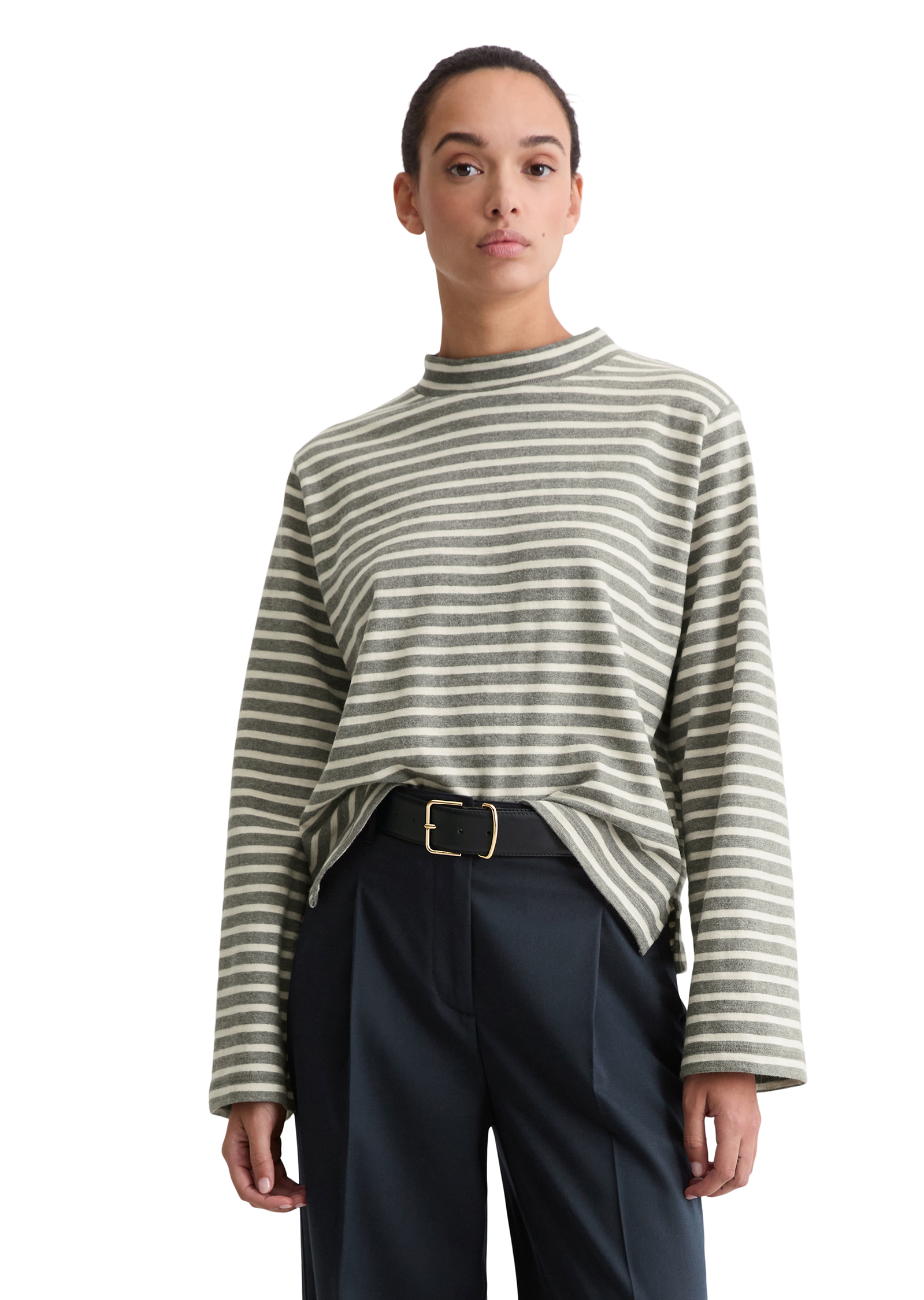 T-shirt long à col roulé rayé regular en jersey heavy slub teint en fil, MARC O'POLO
