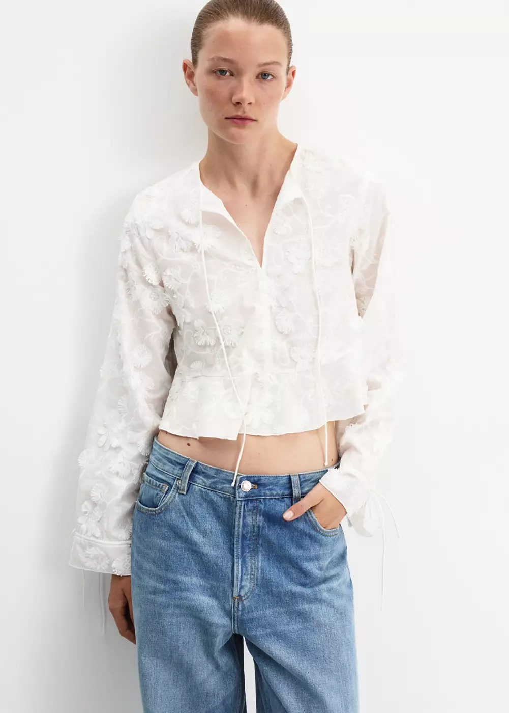 Blouse en coton fleurs brodées, MANGO