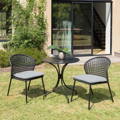 Salon de jardin 1 table ronde métal noir D70 cm - 2 chaises rotin synthétique noir coussin gris GIJON PIER IMPORT