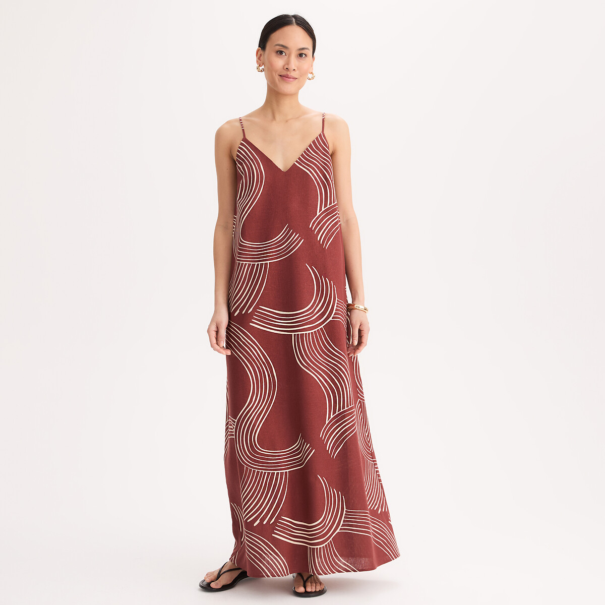 Maxivestido estampado de lino y viscosa con tirantes finos, ANNE WEYBURN
