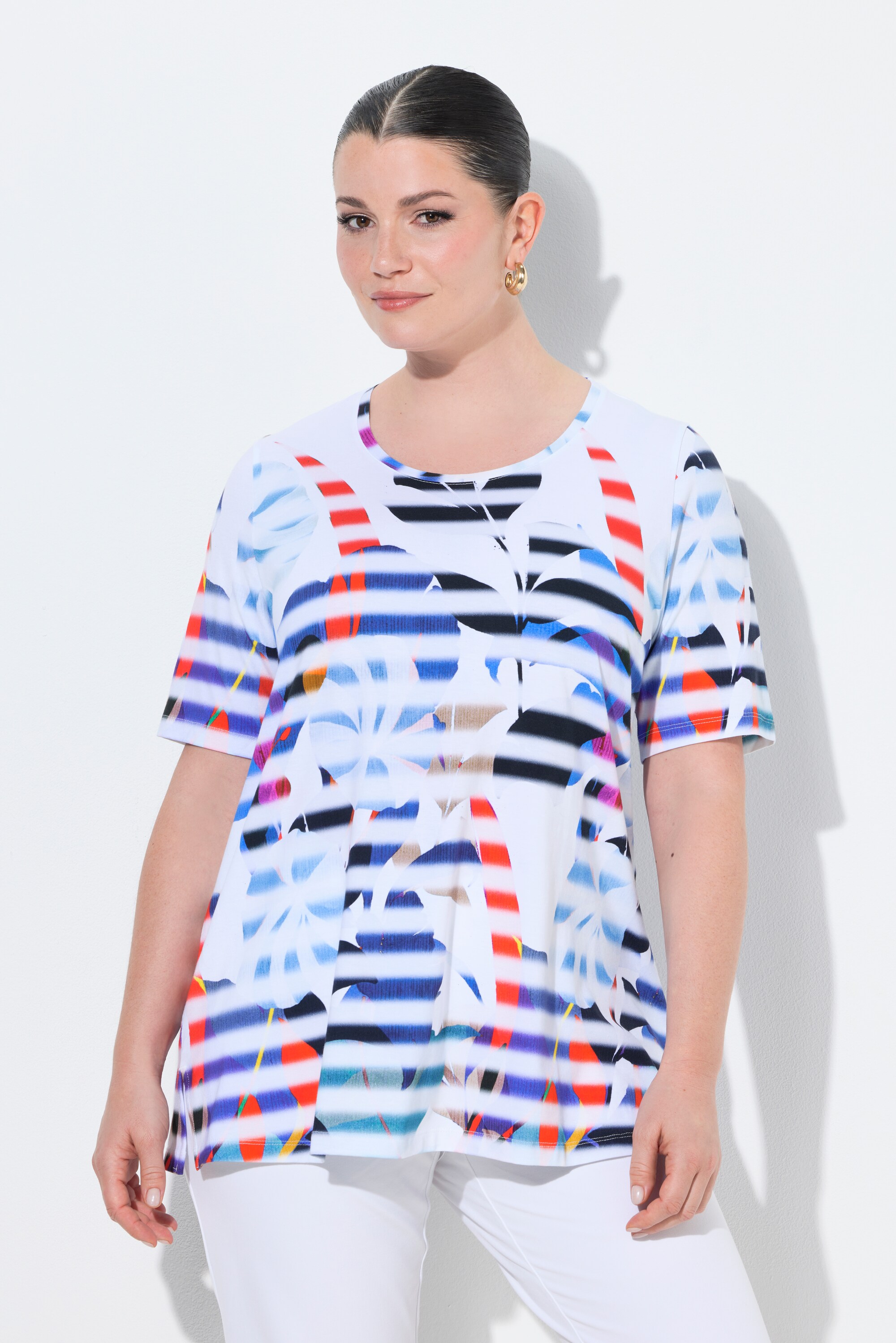 T-shirt en coton Pima, motif fleurs/rayures, ULLA POPKEN