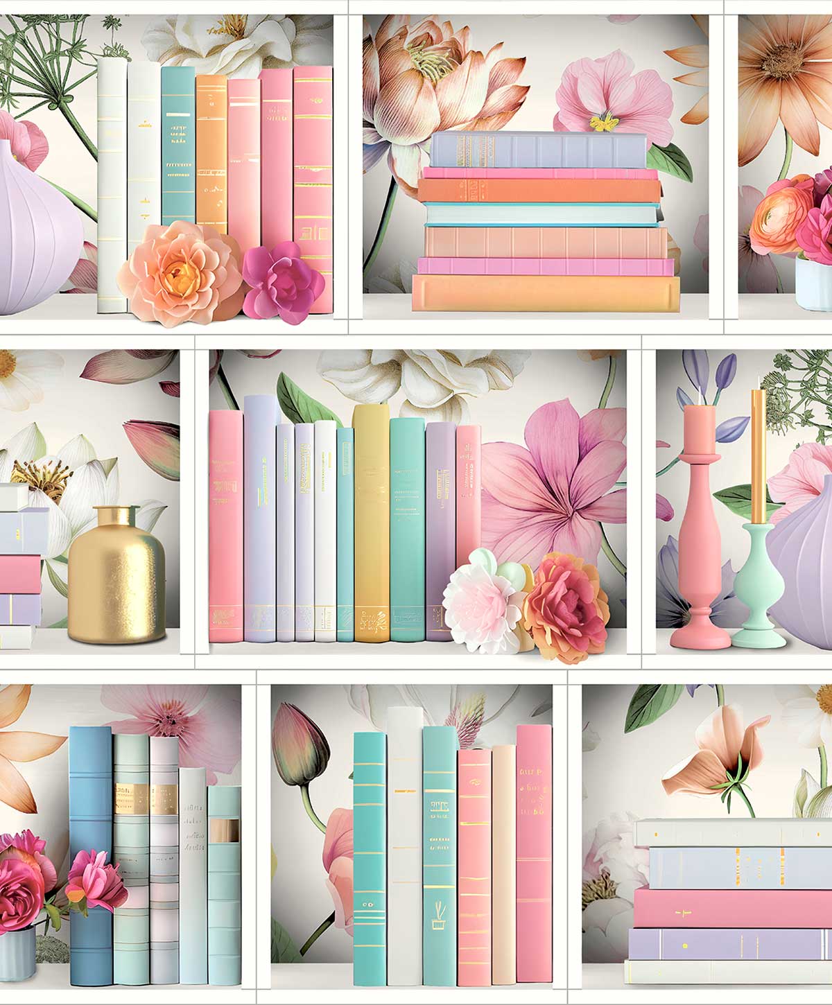Papier peint bibliothèque avec livres et fleurs élégantes, HEXOA