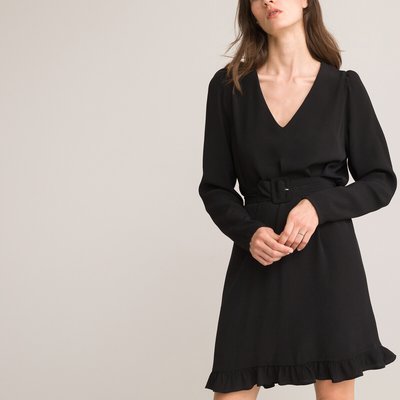Full Belted Mini Dress with Ruffled Hem and Long Sleeves LA REDOUTE COLLECTIONS