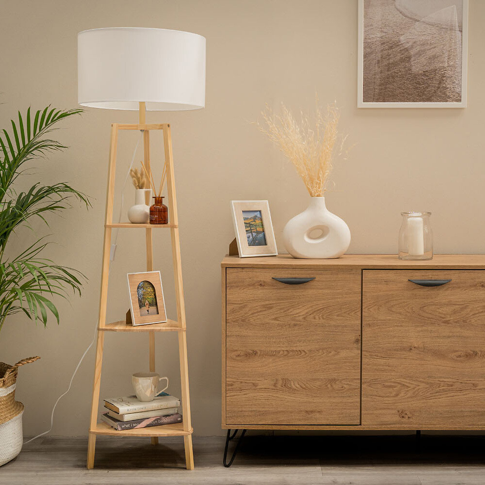 Hollis 3-Tier Shelf Tripod Floor Lamp with Large Shade in Natural Wood, SO'HOME