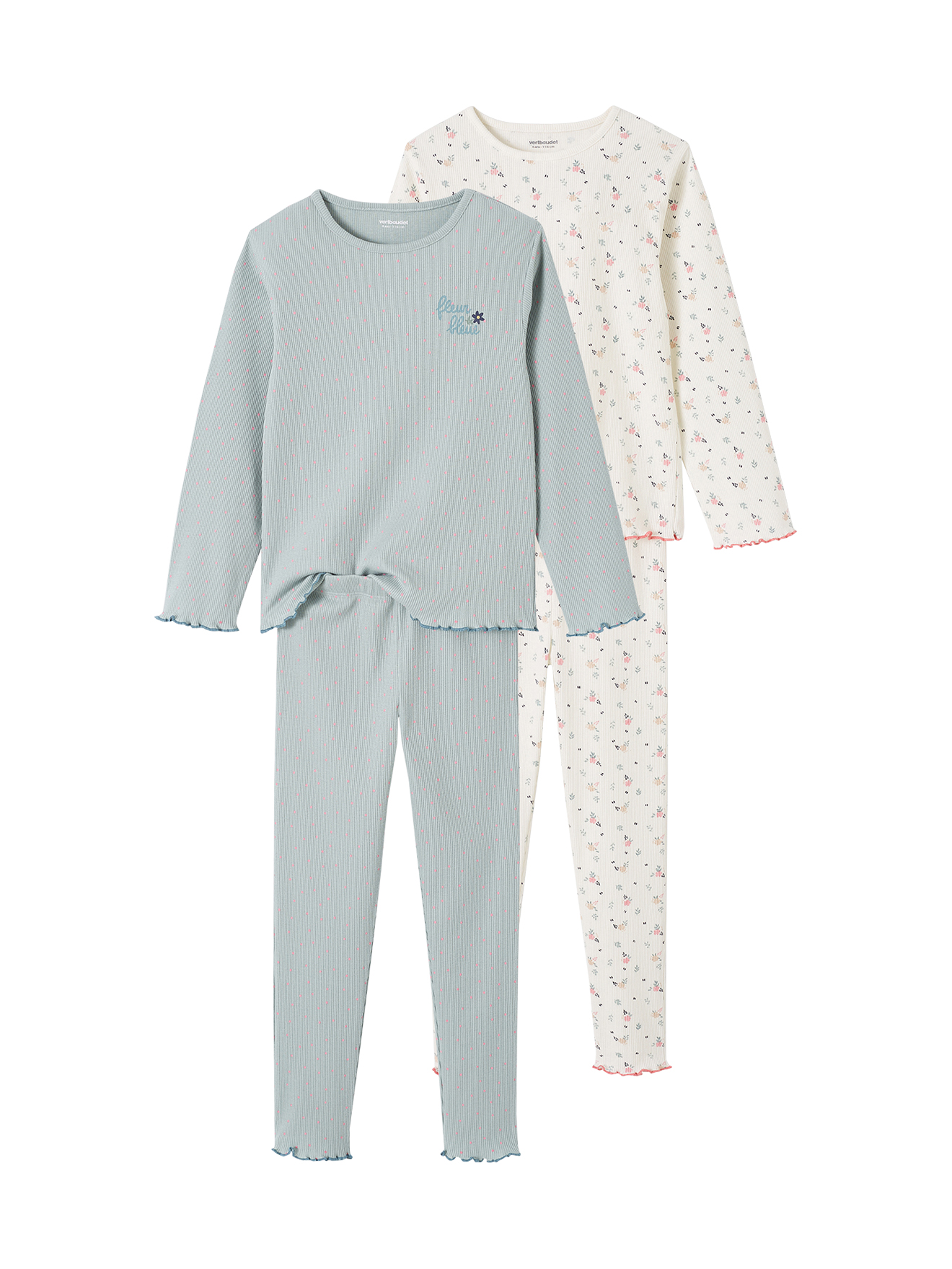 Lot de 2 pyjamas fleurs en maille côtelée, VERTBAUDET