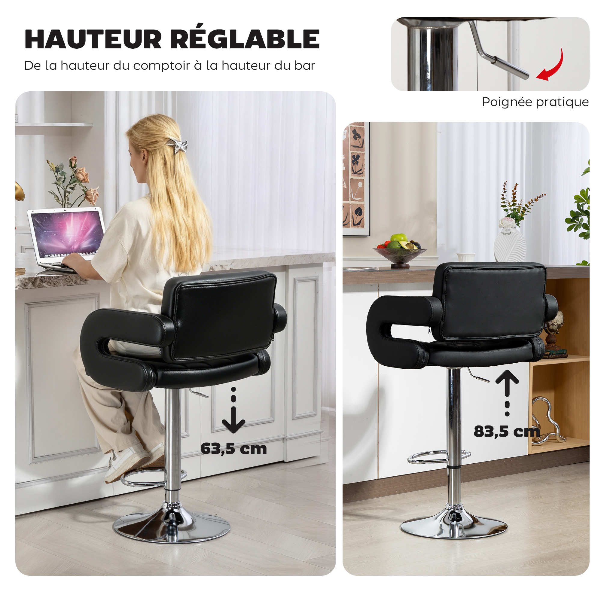 Tabouret de bar Revêtement synthétique Noir, HOMCOM