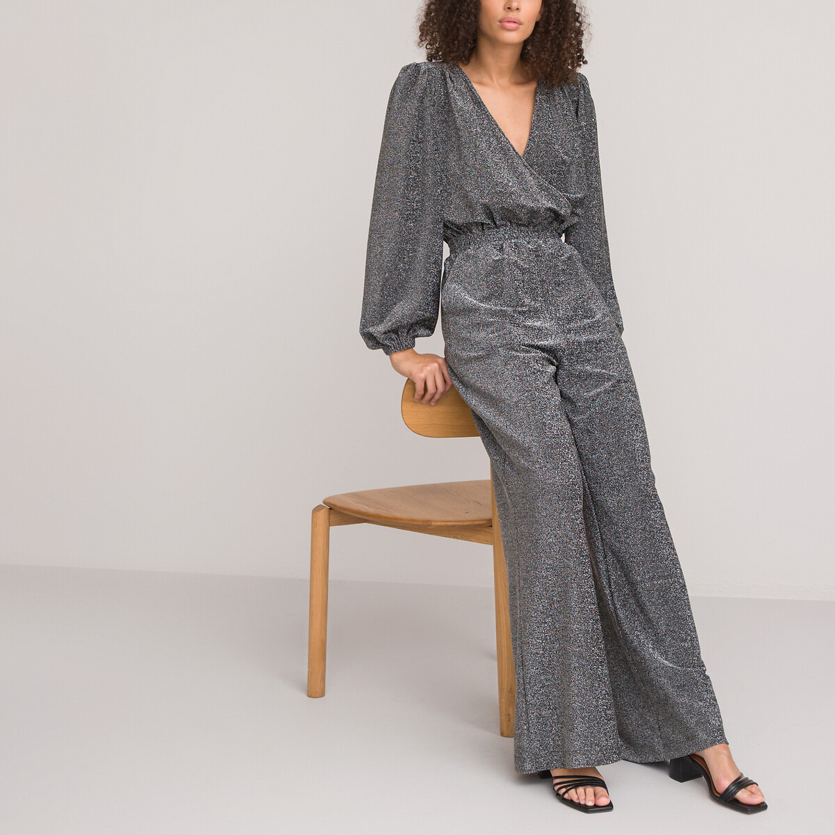 Recycled Glittery Jumpsuit with Puff Sleeves, Length  31.5