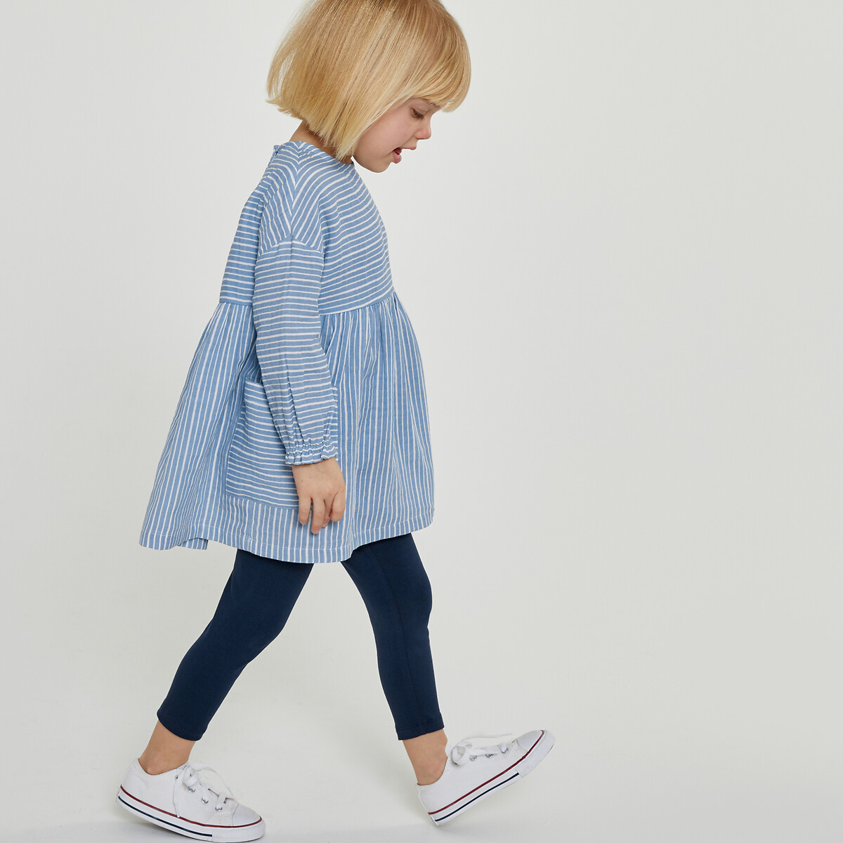 Ribbed cotton leggings/denim tunic dress outfit blue La Redoute Collections