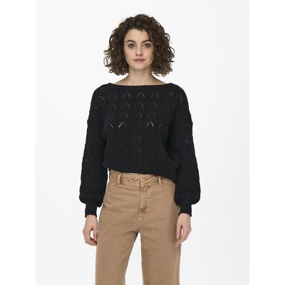 Cotton Mix Jumper in Openwork Knit with Boat Neck ONLY PETITE