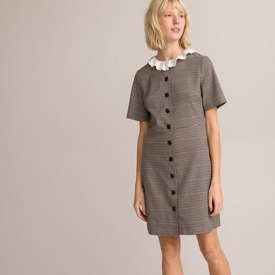 Recycled Checked Mini Dress with Ruffled Collar LA REDOUTE COLLECTIONS