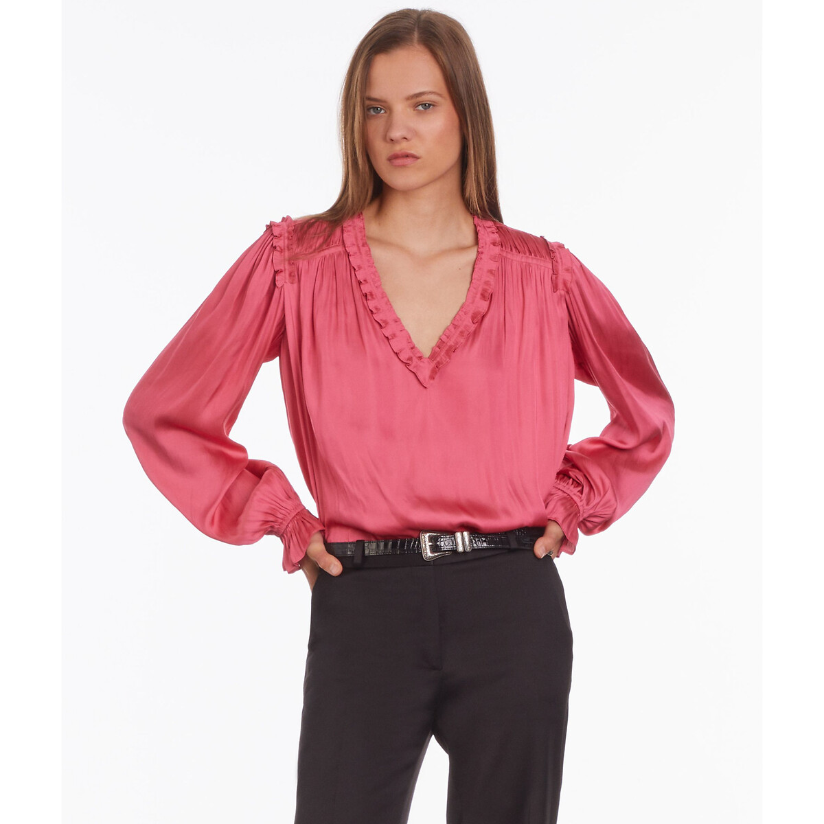 V-Neck Ruffle Top with Long Sleeves