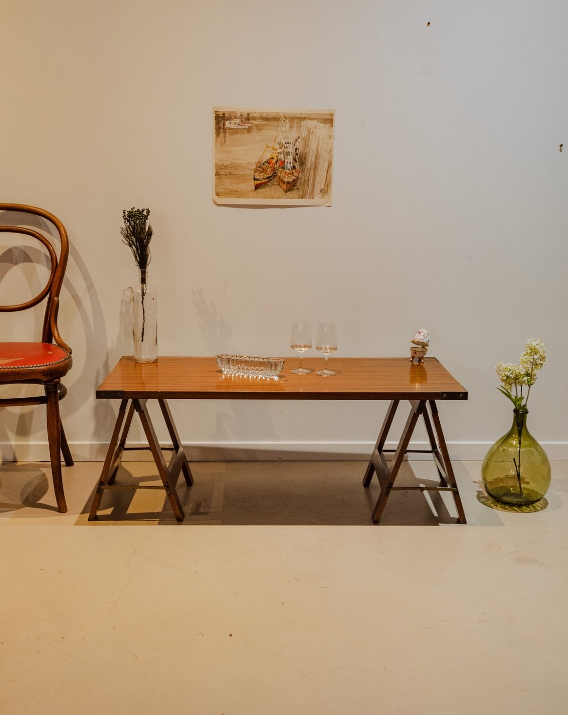 Table basse sur tréteaux en bois Léonie N°917 - Bon état, DEBONGOUT