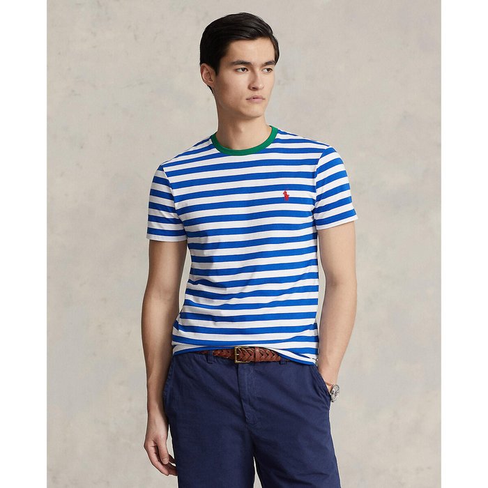 Striped cotton fitted t-shirt in jersey with short sleeves, blue/white ...