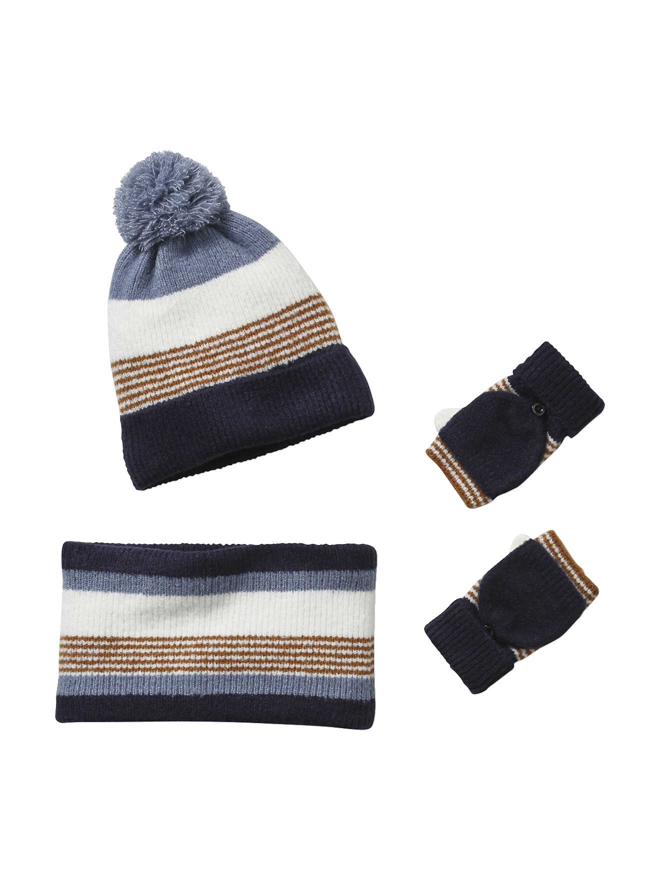 Ensemble bonnet + snood + gants rayés, VERTBAUDET